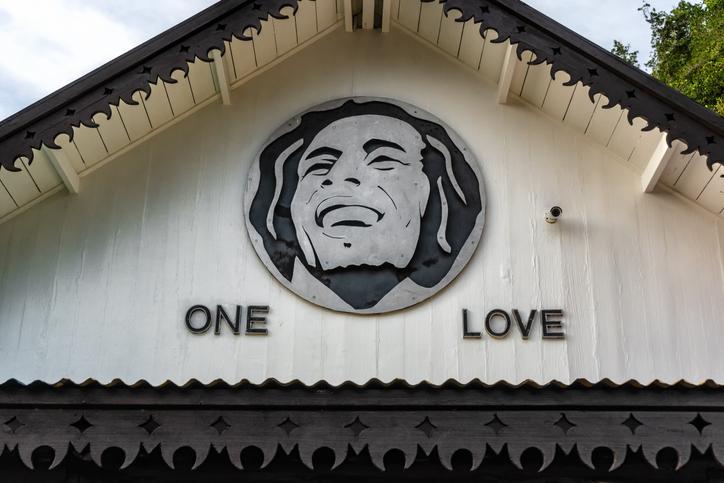 Bob Marley's portrait and "One Love" at the entrance to the Bob Marley Mausoleum compound in Jamaica