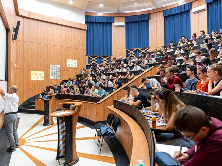 Lecturer gives a university lecture