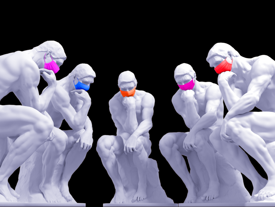 Five "Thinker" statues  wearing face masks