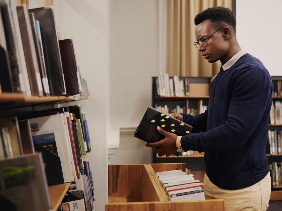 Male librarian sorting out books