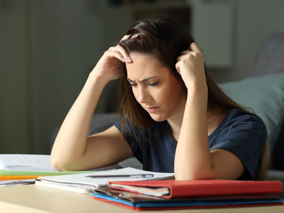 Studious student memorising notes at her desk