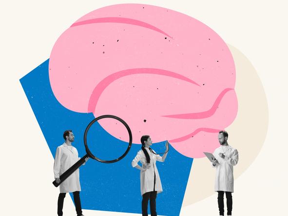 An illustration of tiny figures in white coats examining a cartoon brain