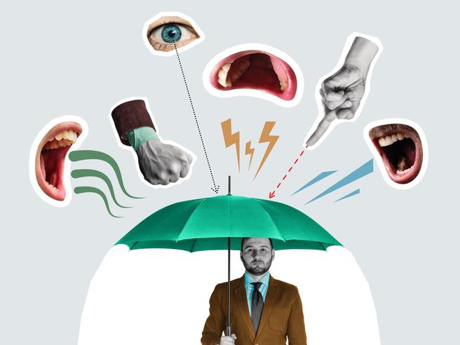 An illustration of a man holding an umbrella while emotions rain down upon him