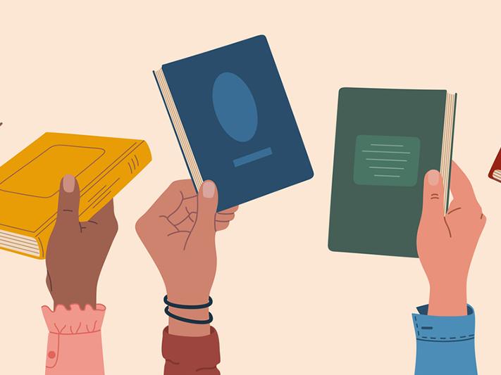 Hands holding books, illustration, diversify reading lists concept