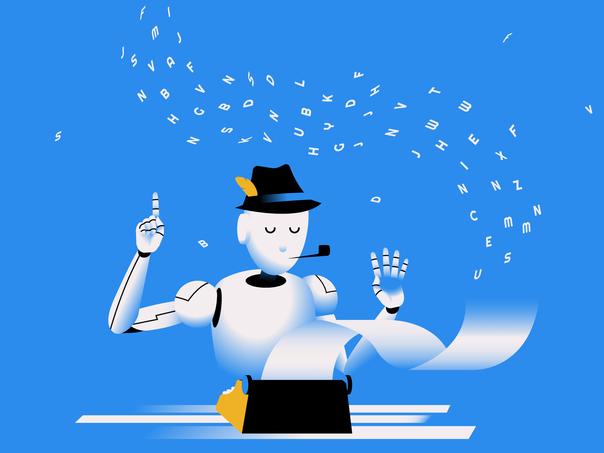 An illustration of a fedora-wearing robot working on a computer