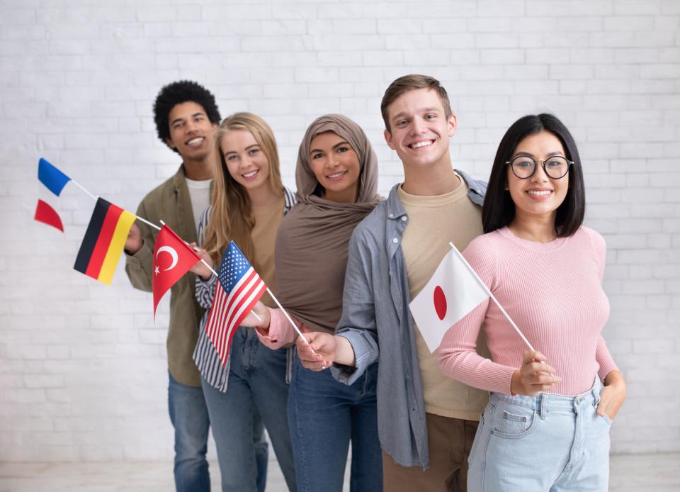 Students holding flags