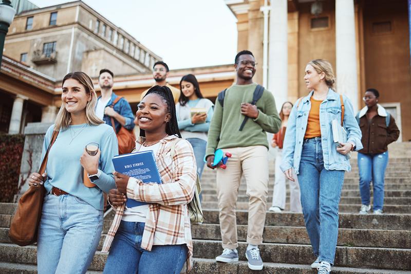 multiracial group of students on university steps