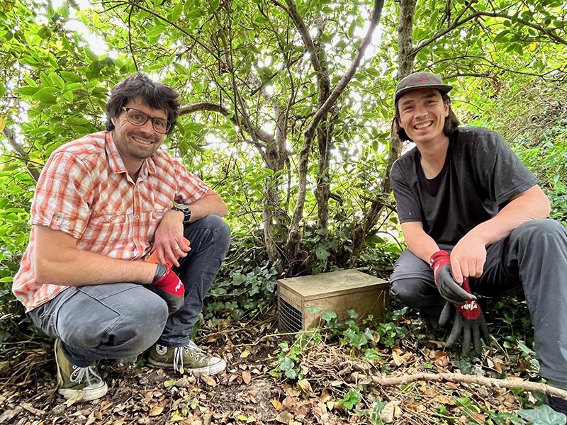 Biodiversity coordinator Seamus Moran (left) checking traps with student volunteer Sho Mathieson