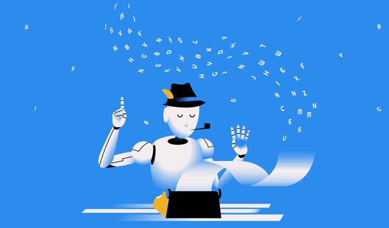 An illustration of a fedora-wearing robot working on a computer